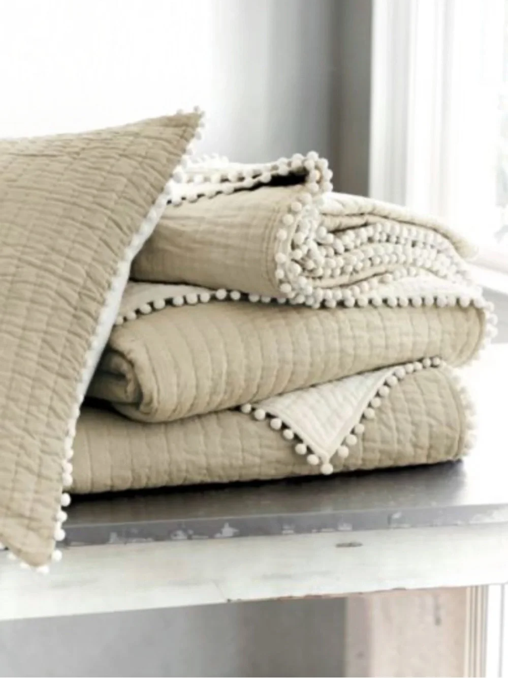BALLARD DESIGNS Audree Pom Pom EURO  Sham- 26” Square Natural